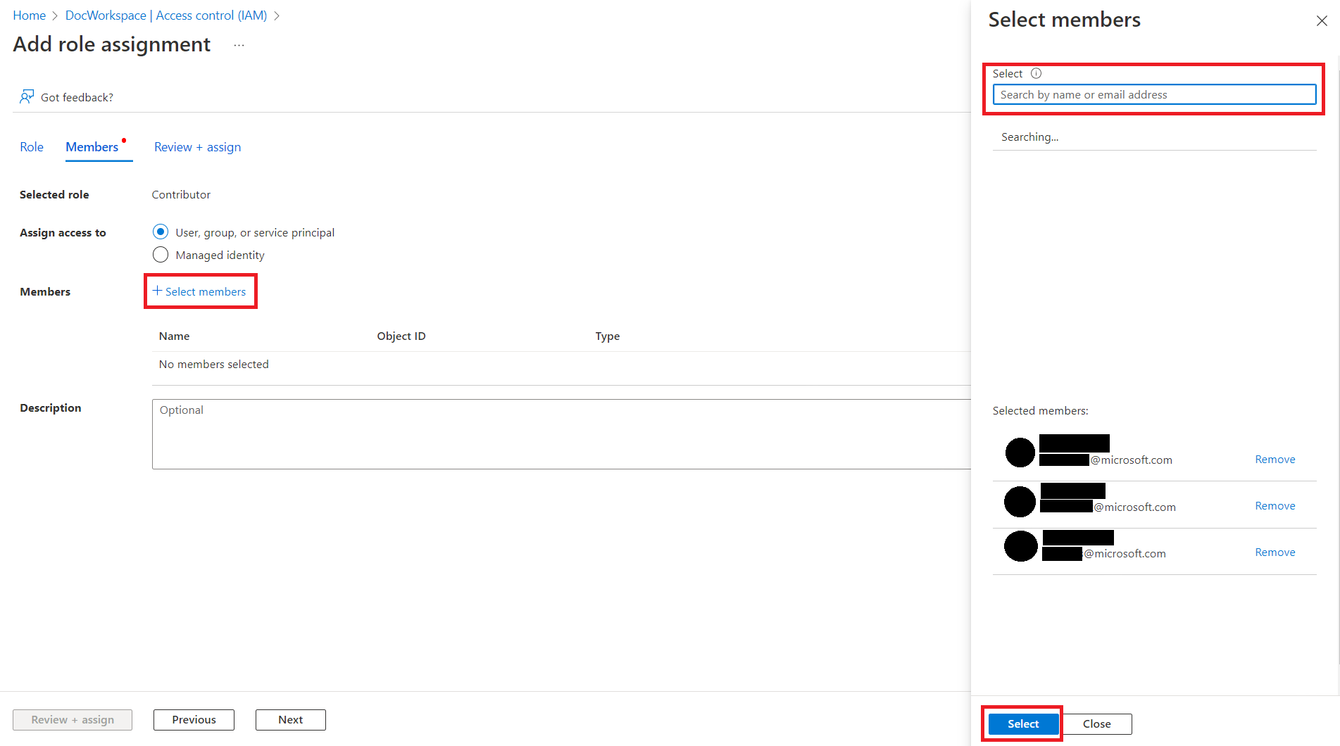 Screen shot showing how to select your users to add to your Azure Quantum workspace.