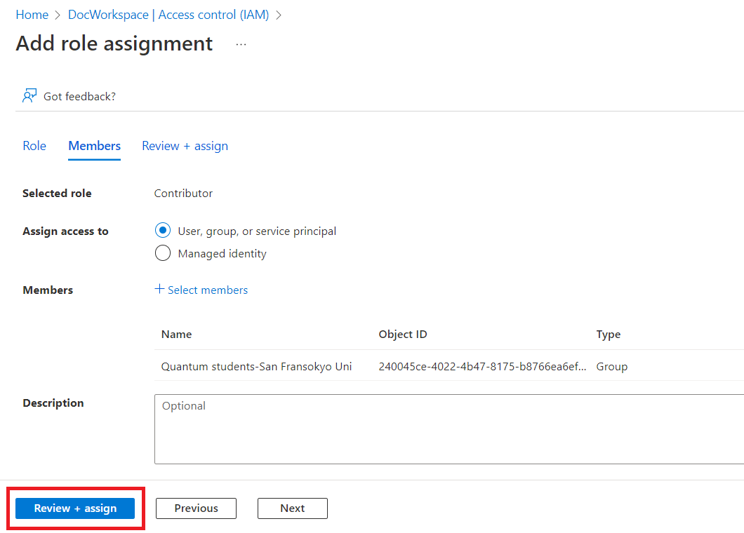 Screen shot showing how to assign your group as a contributor to your Azure Quantum workspace.