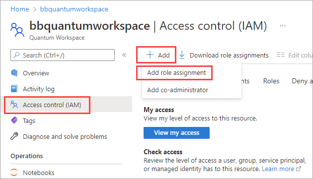 Screenshot showing how to create a new role assignment on your Azure Quantum workspace.