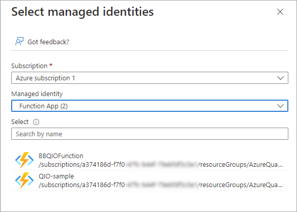 Screenshot showing how to add your Function App as a Contributor to your Azure Quantum workspace