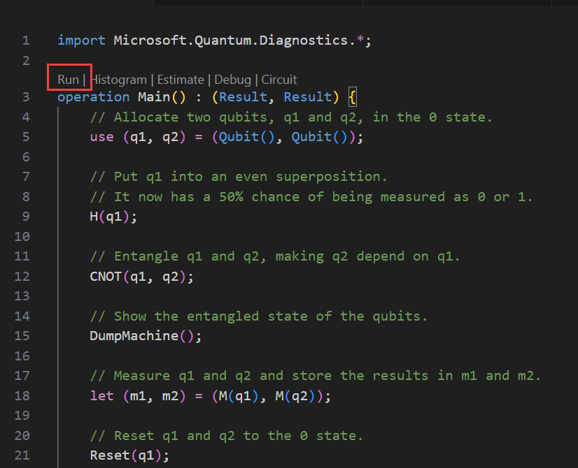 Screenshot of the Q# file in Visual Studio Code showing where to find the 'Run' command.