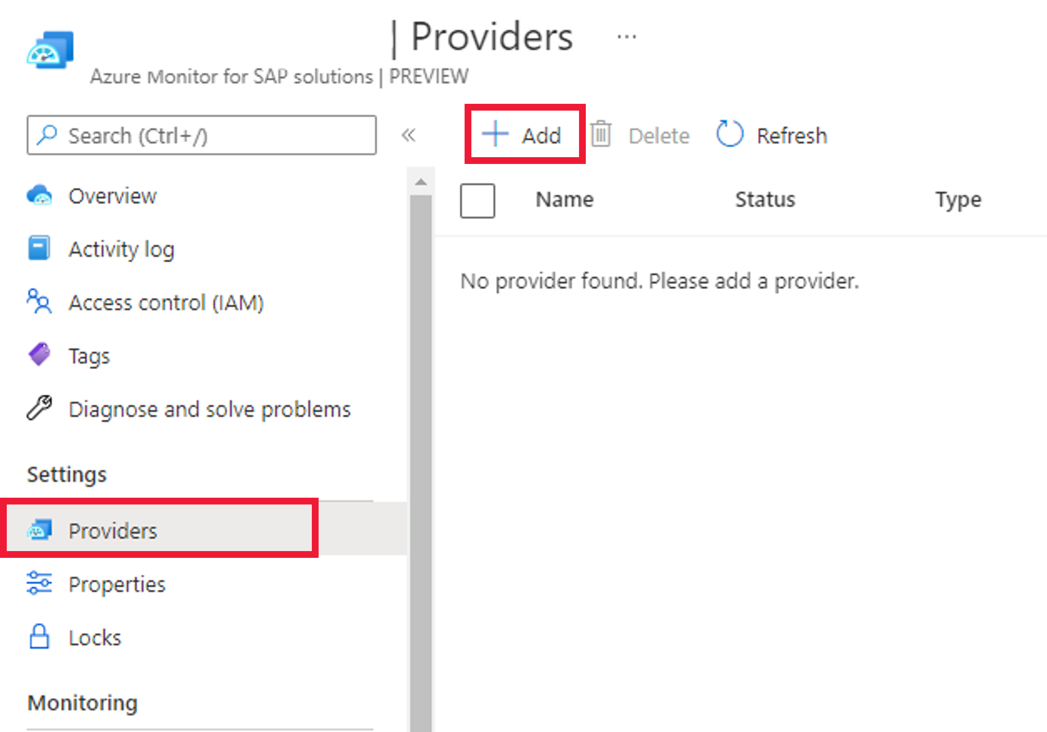 Diagram that shows Azure Monitor for SAP solutions resource in the Azure portal, showing button to add a new provider.