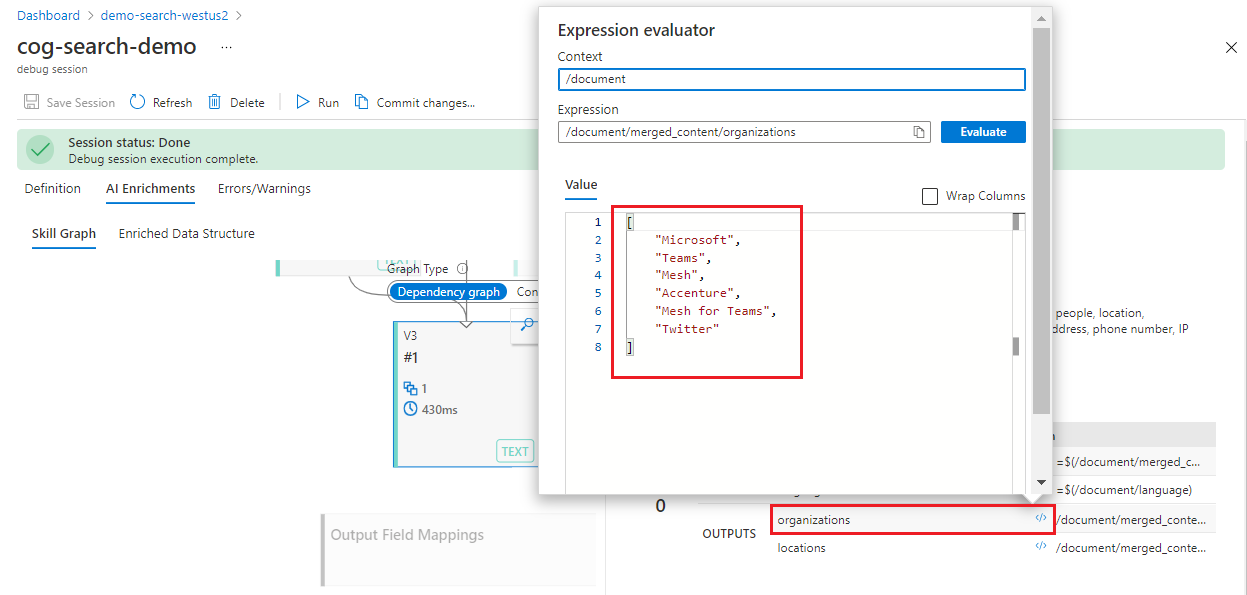 Screenshot of a skill execution showing output values.