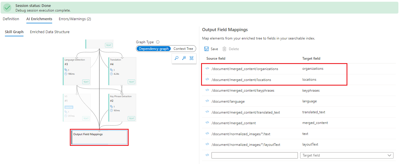 Screenshot of the output field mappings.