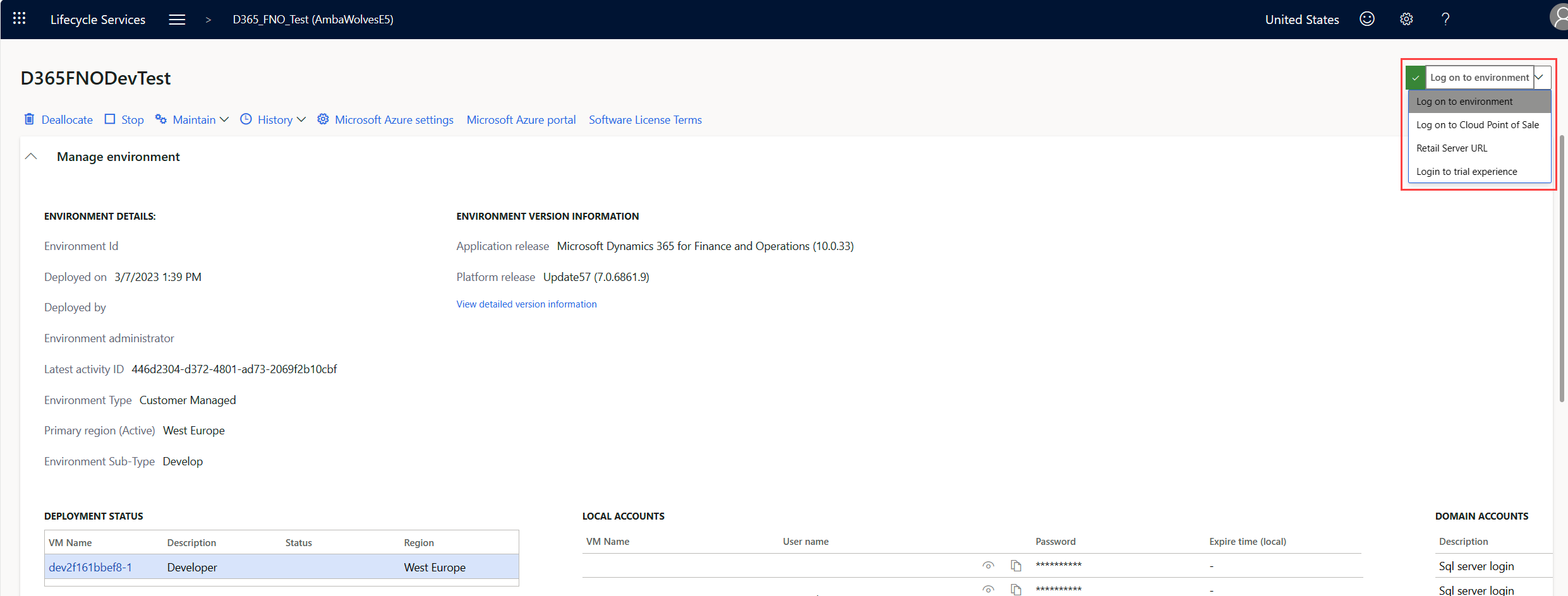 Screenshot of the Finance and Operations environment details.