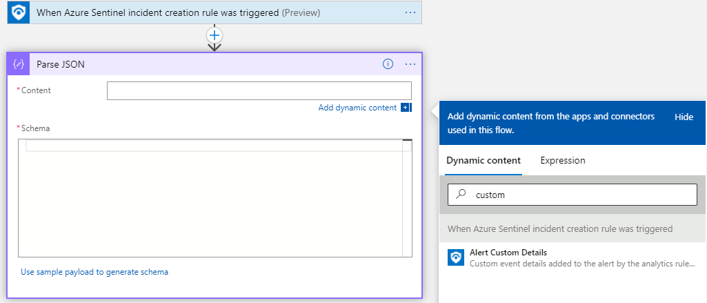 Screenshot of selecting Alert custom details from Dynamic content.