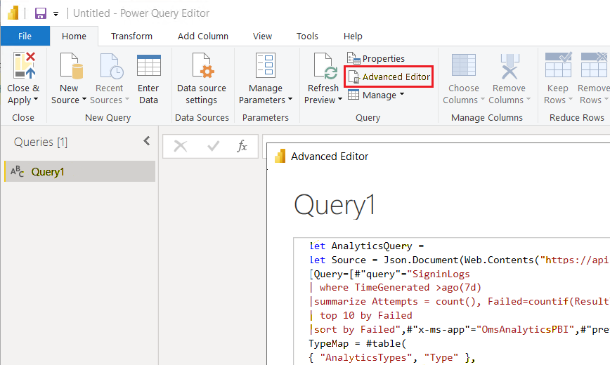 Screenshot showing the M query pasted in to the Power BI Advanced Editor.