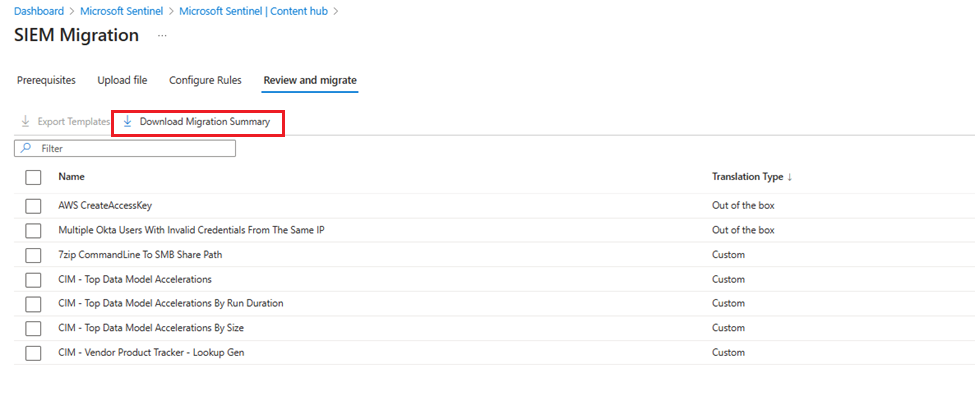 Screenshot showing the Download Migration Summary button from the Review and Migrate tab.