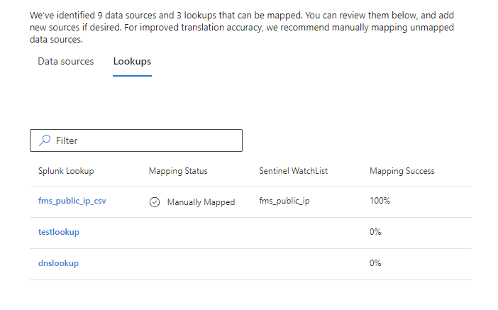 Screenshot showing manual mapping of Splunk lookup to Microsoft Sentinel watchlist.