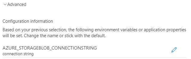 Screenshot of the Azure portal, showing advanced authentication configuration to authenticate with a connection-string.