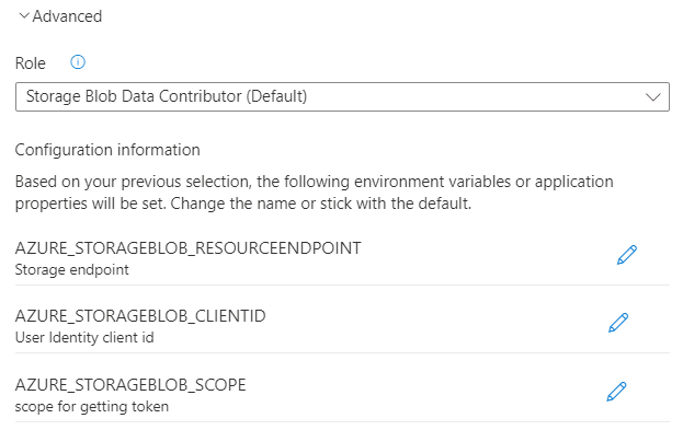 Screenshot of the Azure portal, showing advanced authentication configuration for a user-assigned managed identity.