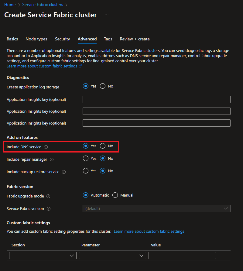 Screenshot of enabling DNS service for a standard cluster through the portal.