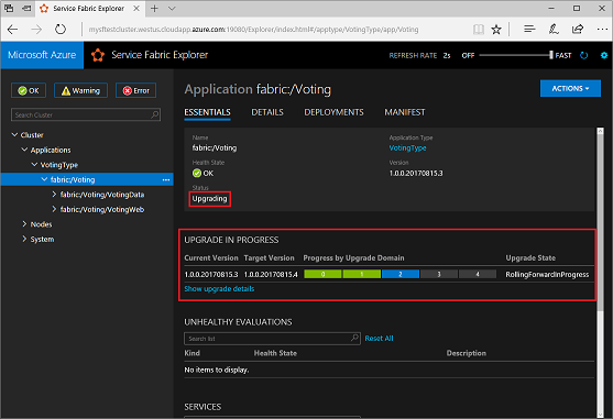 Screenshot that shows the Voting app in Service Fabric Explorer running in a browser, with status messages highlighted.