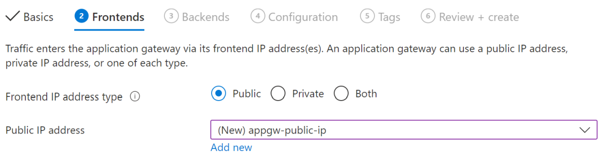 Screenshot of Azure portal showing Frontends tab of 'Create application gateway' page.