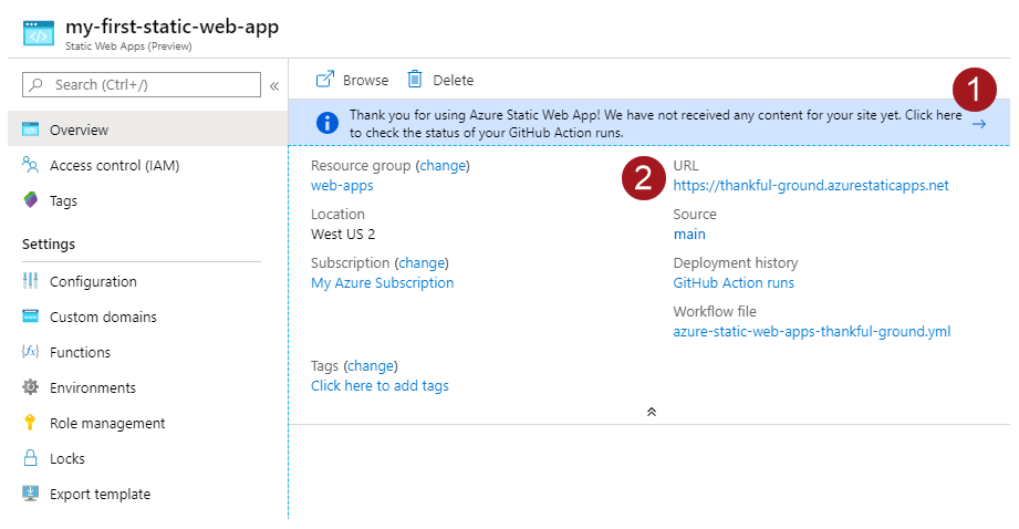 Screenshot of Azure Static Web Apps overview window.