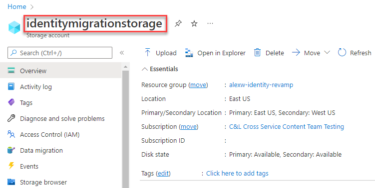 A screenshot showing how to find the storage account name.