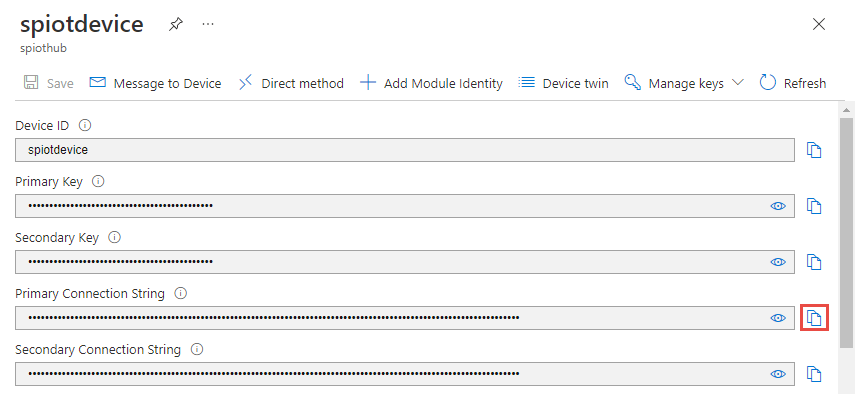 Screenshot showing the primary connection string of the device you created.