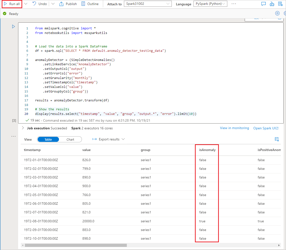 Screenshot that shows anomaly detection.