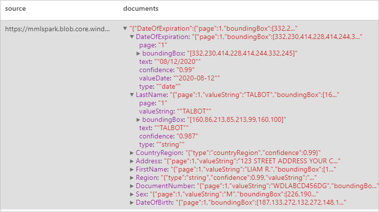 Screenshot of the expected results from analyzing the example driver license ID.