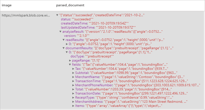 Screenshot of the expected results from analyzing the example receipt.