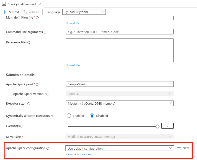 Screenshot that create configuration in spark job definitions.