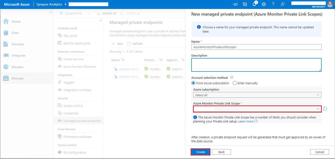 Screenshot of create A M P L S managed private endpoint 2.