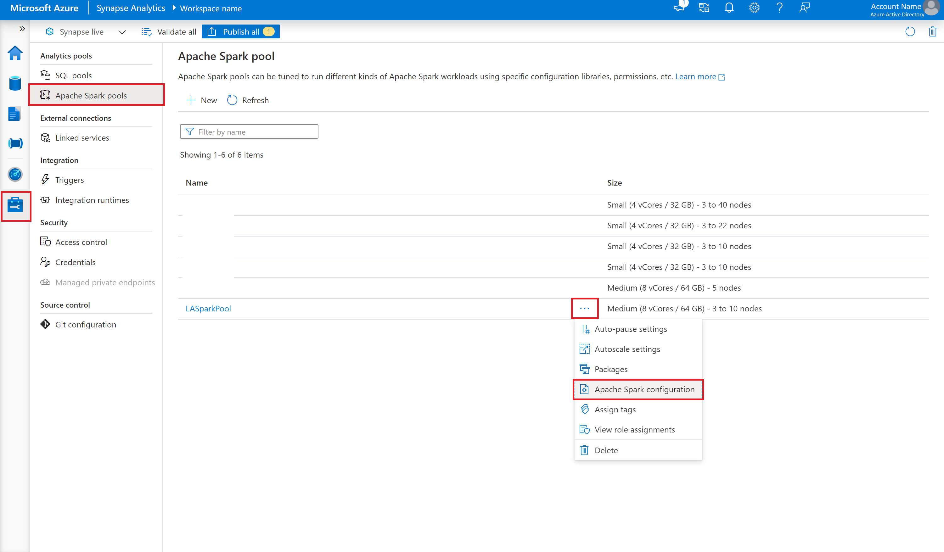 Screenshot that shows the Spark pool configuration.