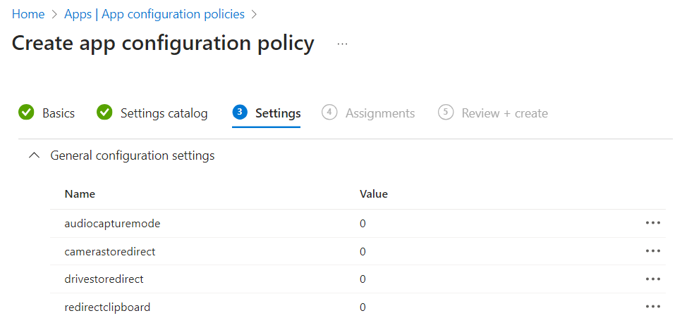 A screenshot showing redirection name and values pairs in Intune.