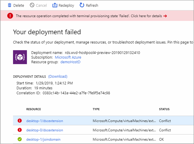 Screenshot of the resource operation completed with terminal provisioning state in Your Deployment Failed.