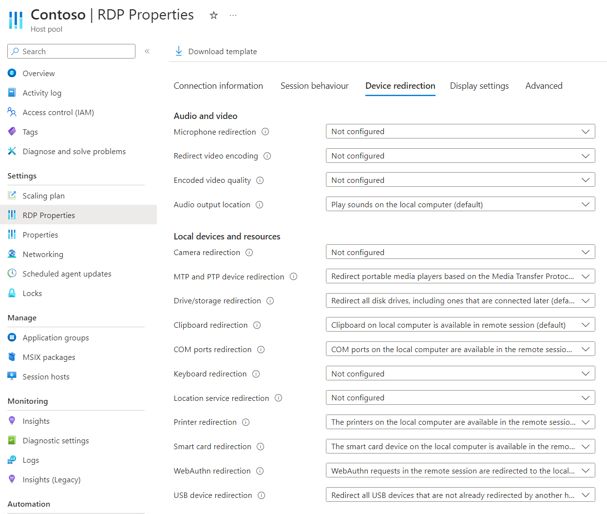 A screenshot showing the host pool device redirection tab in the Azure portal.