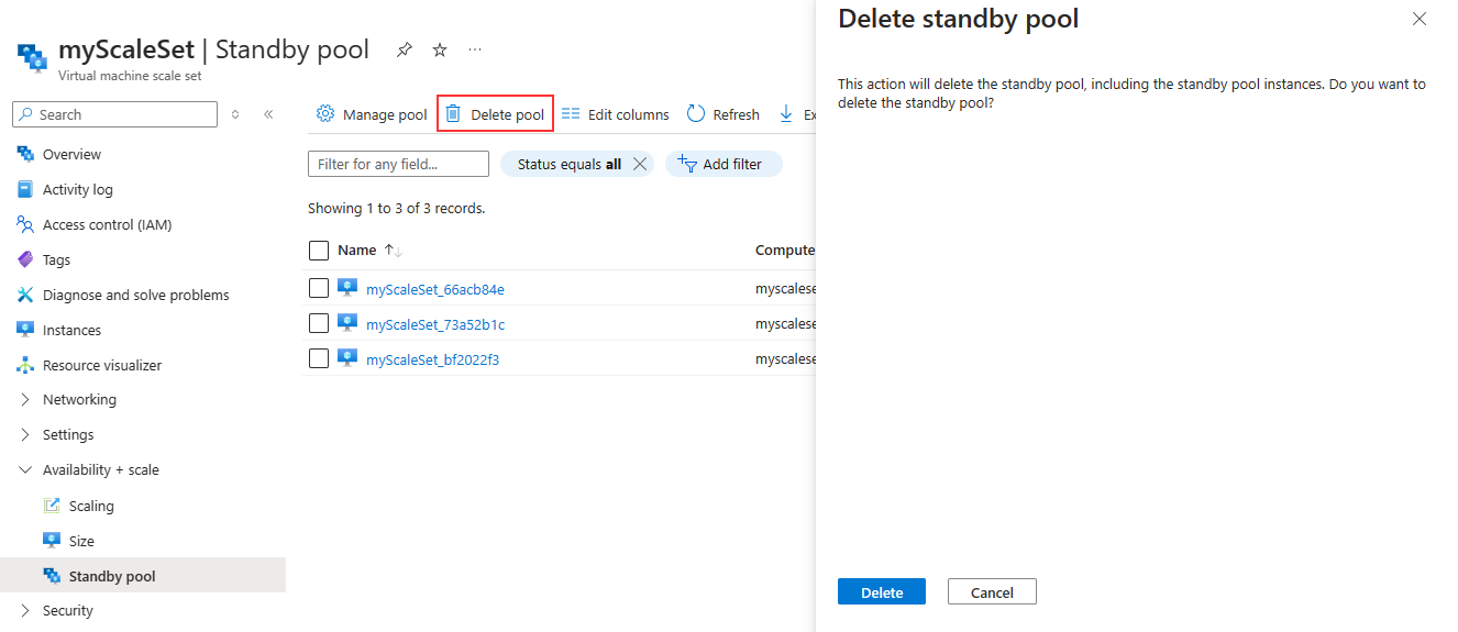 A screenshot showing how to delete a standby pool in the portal.