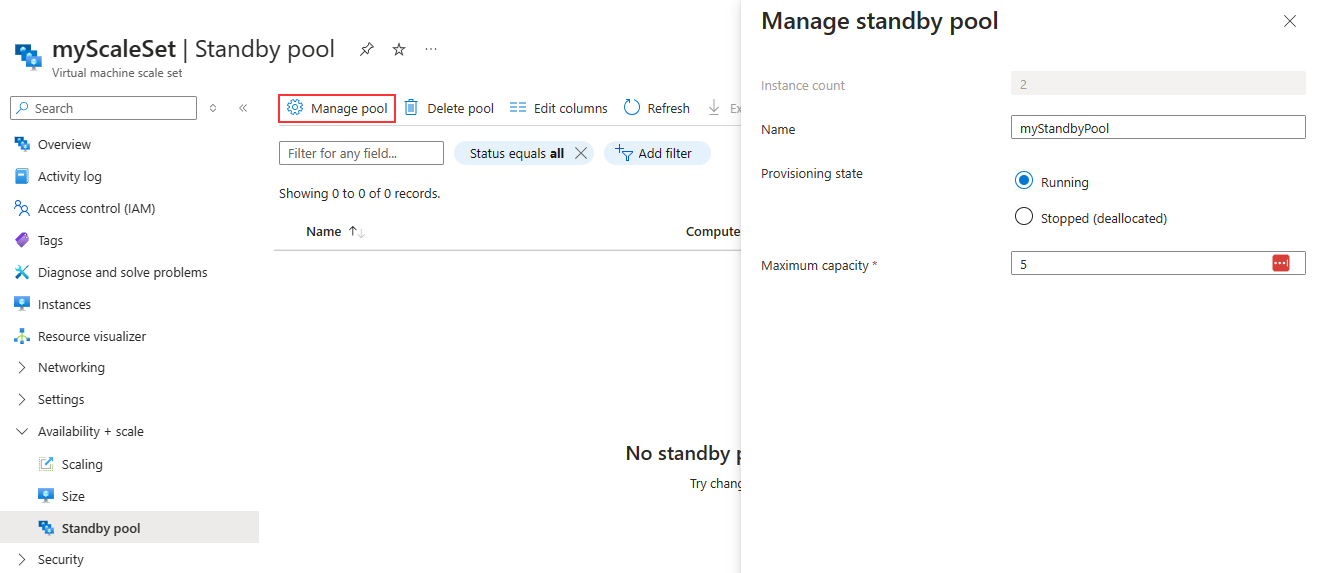 A screenshot showing how to enable a standby pool on an existing Virtual Machine Scale Set in the Azure portal.