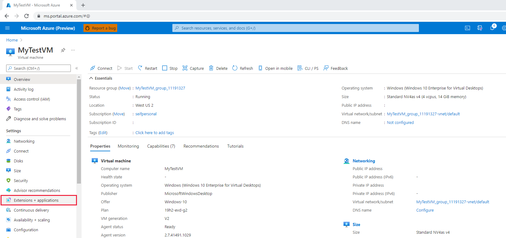 Screenshot that shows selecting Extensions in the Azure portal menu.