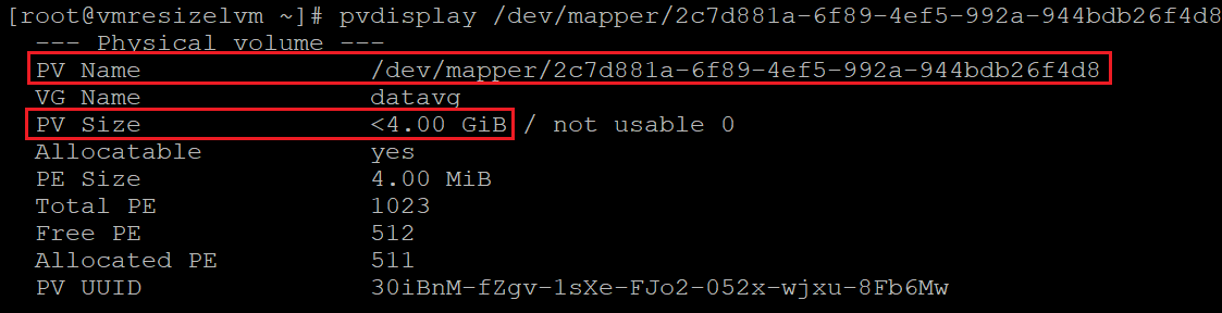 Screenshot showing the code that checks the size of the physical volume. The results are highlighted.