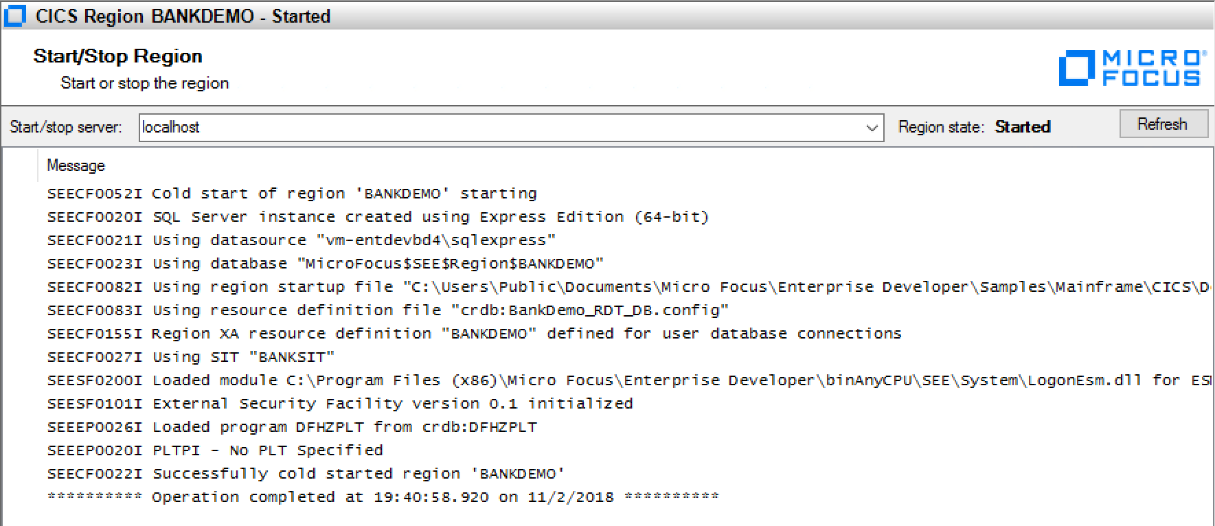 CICS Region BANKDEMO - Started screen