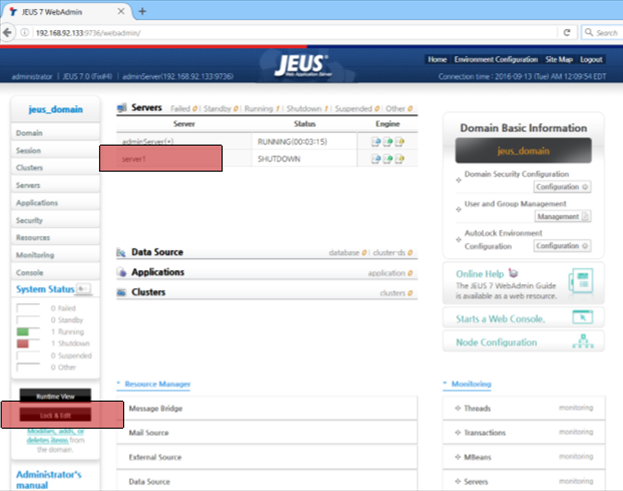 JEUS WebAdmin screen