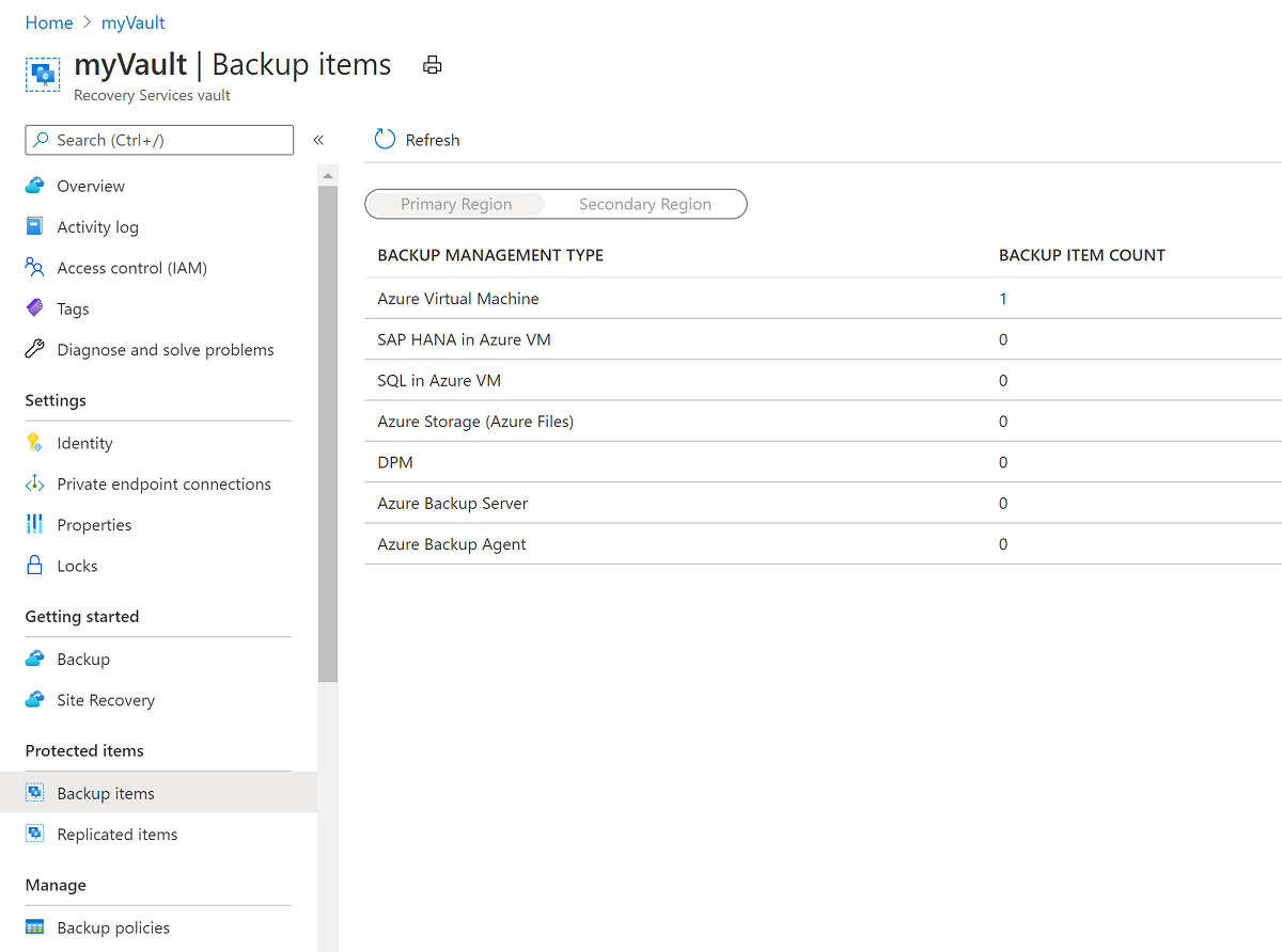 Screenshot that shows selections for a virtual machine backup item for a Recovery Services vault.