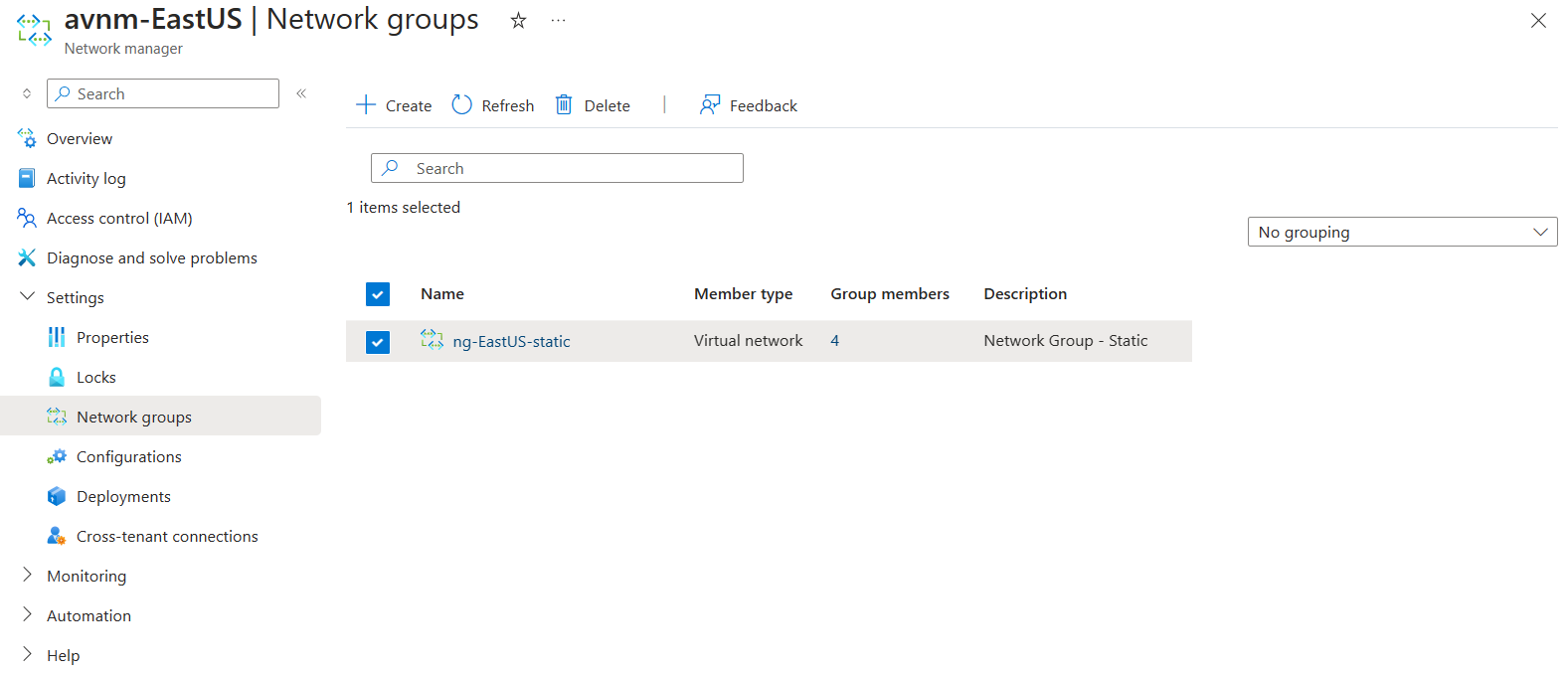 Screenshot of deployed network groups in Azure portal.