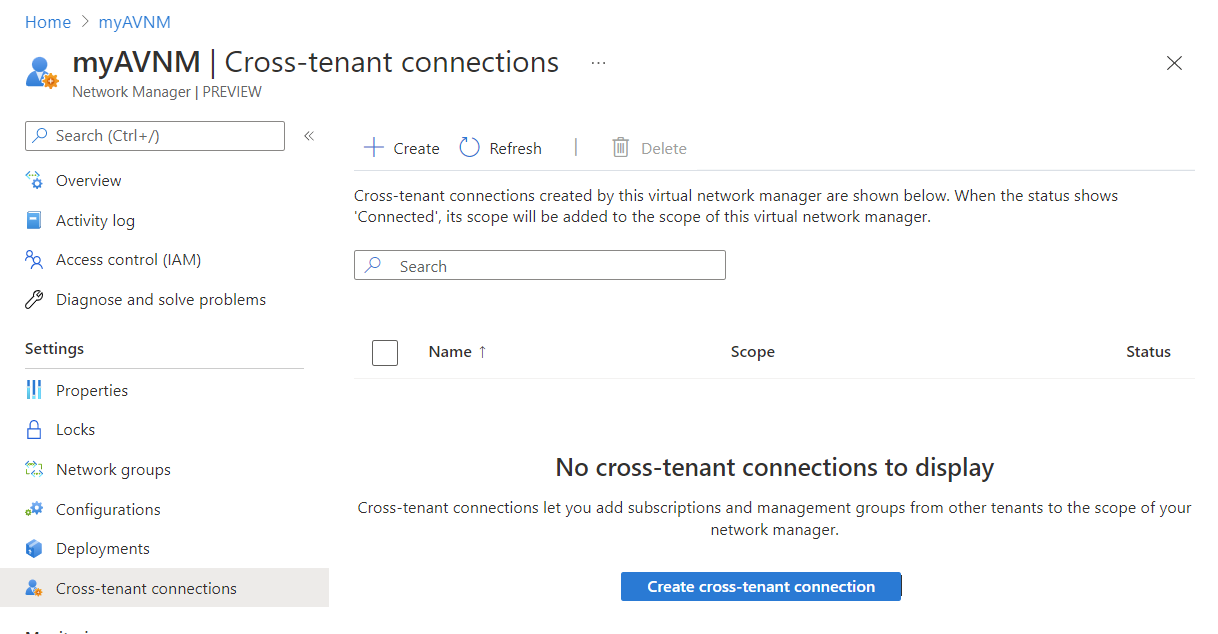 Screenshot of cross-tenant connections in a network manager.