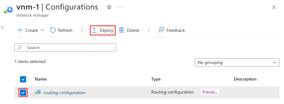 Screenshot of routing configurations with configuration selected and deploy link.