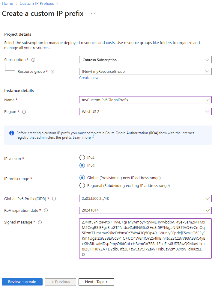 Screenshot of create custom IP prefix page in Azure portal.