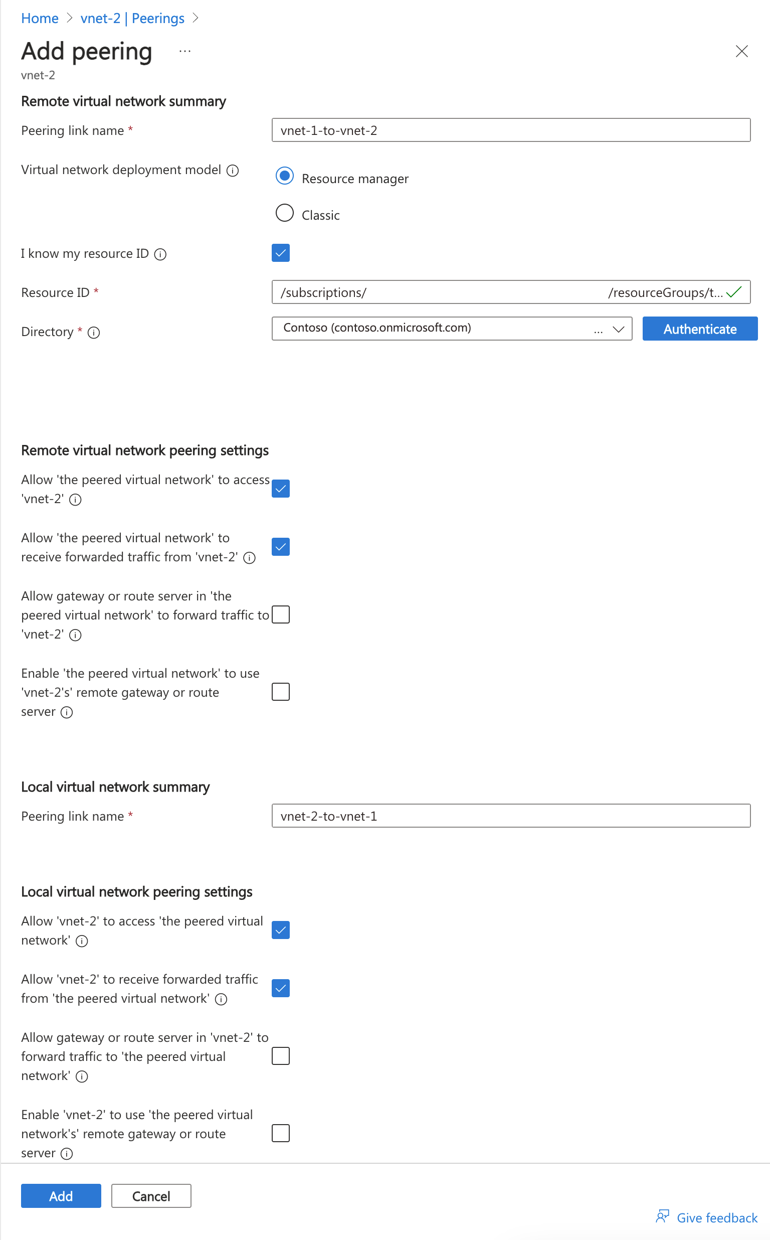 Screenshot of peering from vnet-2 to vnet-1.