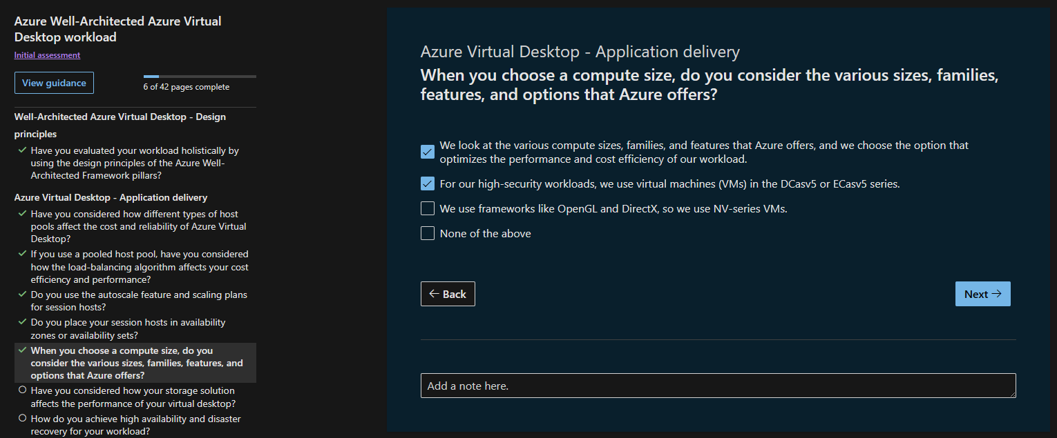 Screenshot of a question in the Azure Virtual Desktop assessment. A few answers are selected. On the left, an outline of the assessment is visible.