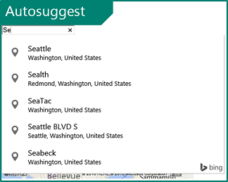 Screen shot of Bing maps Autosuggest.