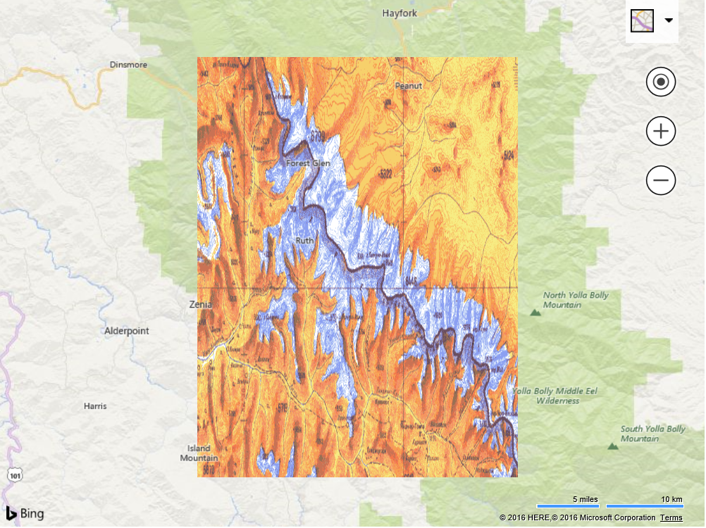 Screenshot of a Bing map showing a topographic image of a mountain range overlaid onto the map.