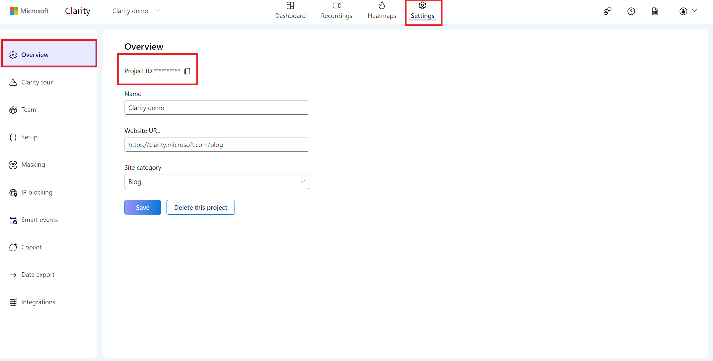 Copy your Clarity project ID for Analyzify.