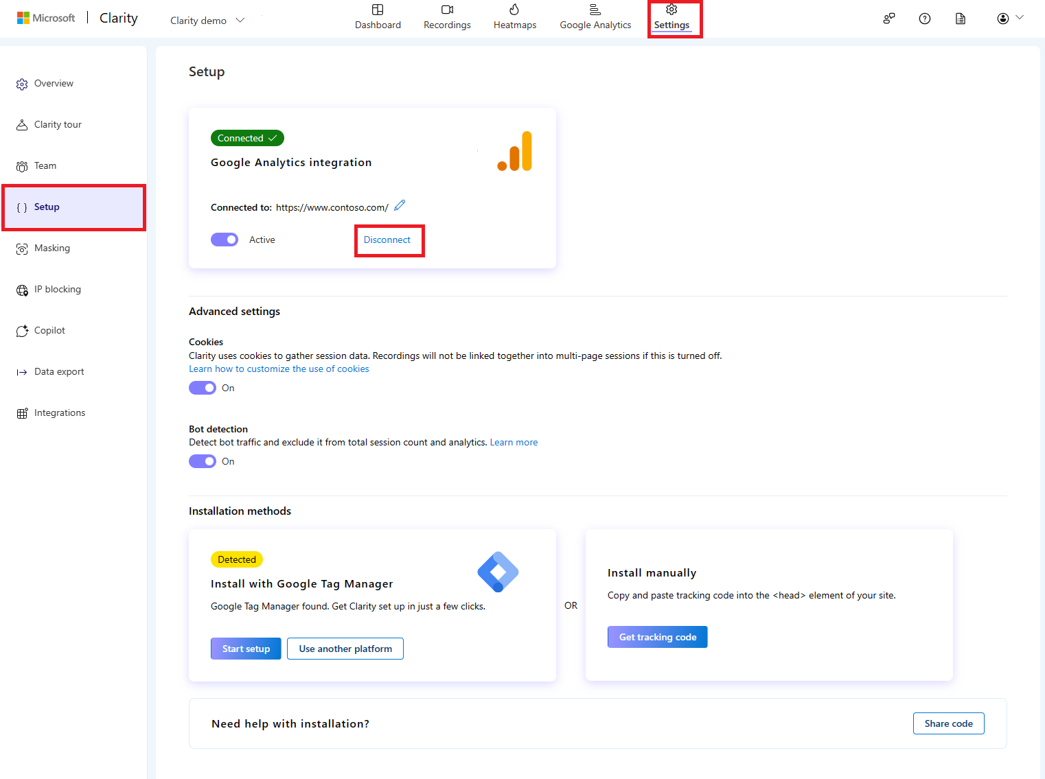 Disconnecting Google Analytics integration selection.