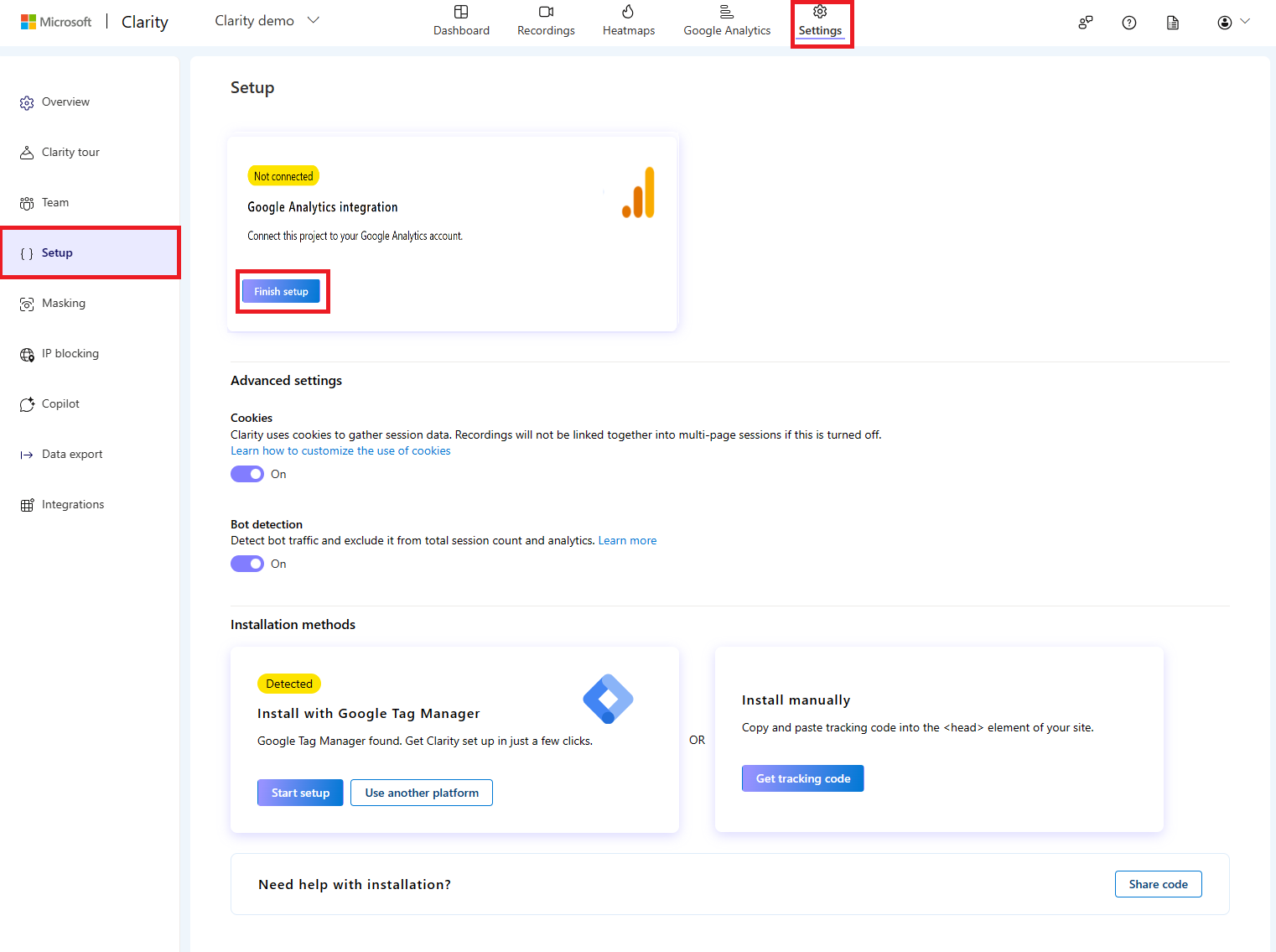 Google Analytics Finish setup button.