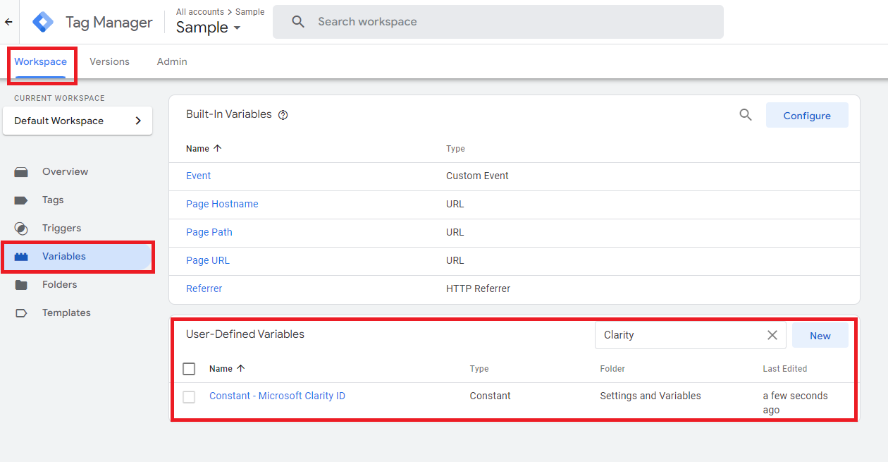 Select user defined variables in GTM.