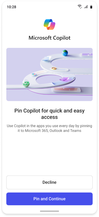 Screenshot showing the prompt that appears on mobile interfaces for users to pin Copilot.